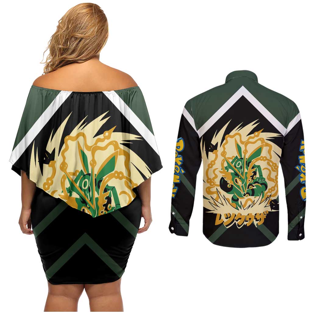 Rayquaza Couples Matching Off Shoulder Short Dress and Long Sleeve Button Shirt with Legendary Dragon Design and Green Black Pokémon Theme - The Mazicc