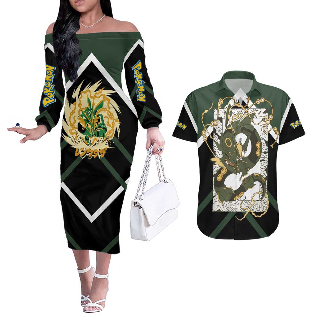 Rayquaza Couples Matching Off The Shoulder Long Sleeve Dress and Hawaiian Shirt with Legendary Dragon Design and Green Black Pokémon Theme - The Mazicc
