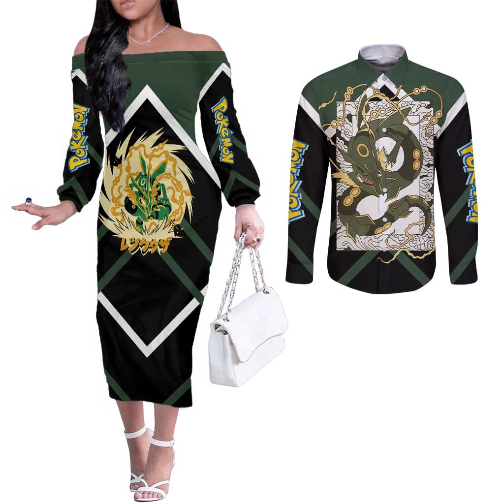 Rayquaza Couples Matching Off The Shoulder Long Sleeve Dress and Long Sleeve Button Shirt with Legendary Dragon Design and Green Black Pokémon Theme - The Mazicc