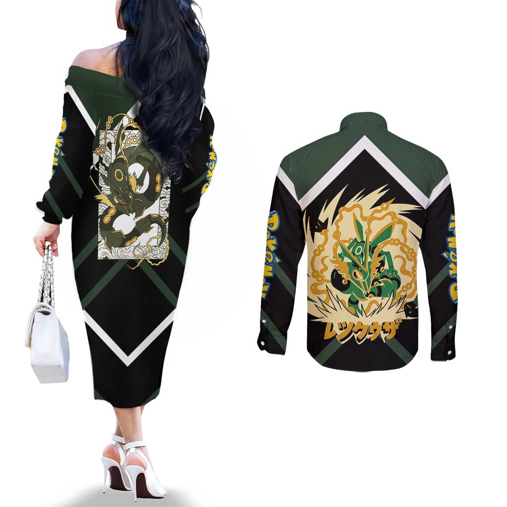 Rayquaza Couples Matching Off The Shoulder Long Sleeve Dress and Long Sleeve Button Shirt with Legendary Dragon Design and Green Black Pokémon Theme - The Mazicc