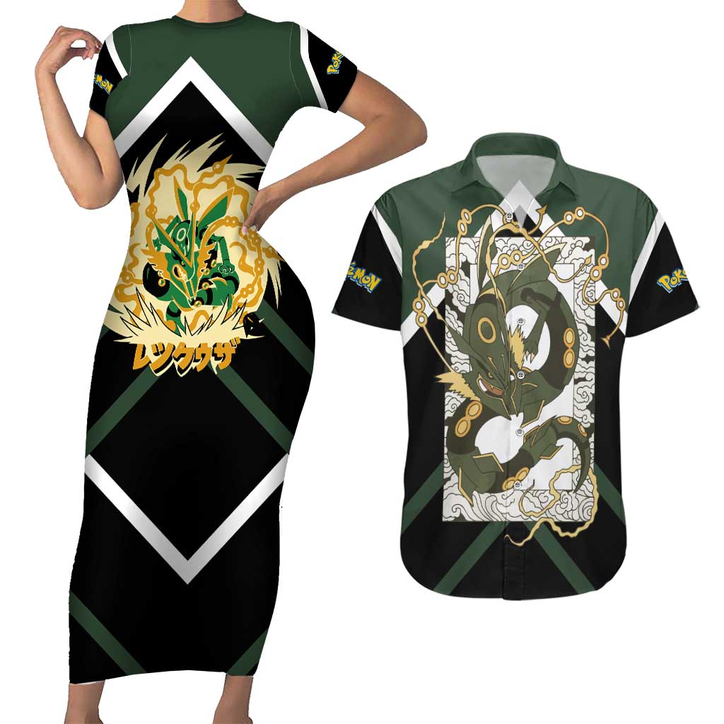 Rayquaza Couples Matching Short Sleeve Bodycon Dress and Hawaiian Shirt with Legendary Dragon Design and Green Black Pokémon Theme - The Mazicc