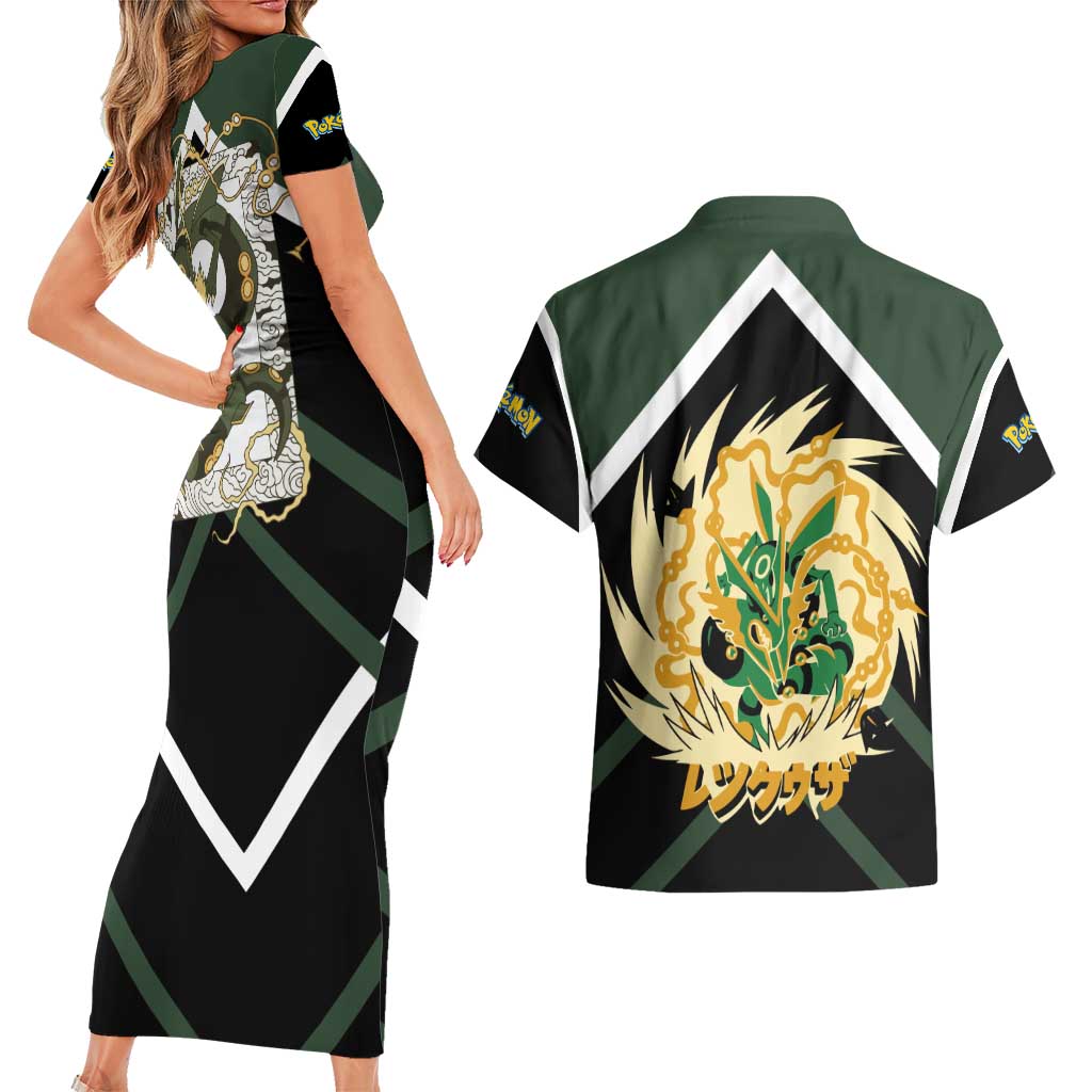 Rayquaza Couples Matching Short Sleeve Bodycon Dress and Hawaiian Shirt with Legendary Dragon Design and Green Black Pokémon Theme - The Mazicc