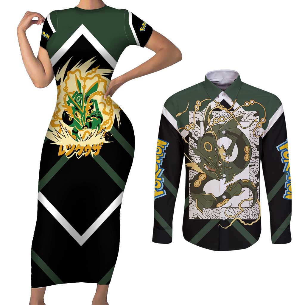 Rayquaza Couples Matching Short Sleeve Bodycon Dress and Long Sleeve Button Shirt with Legendary Dragon Design and Green Black Pokémon Theme - The Mazicc