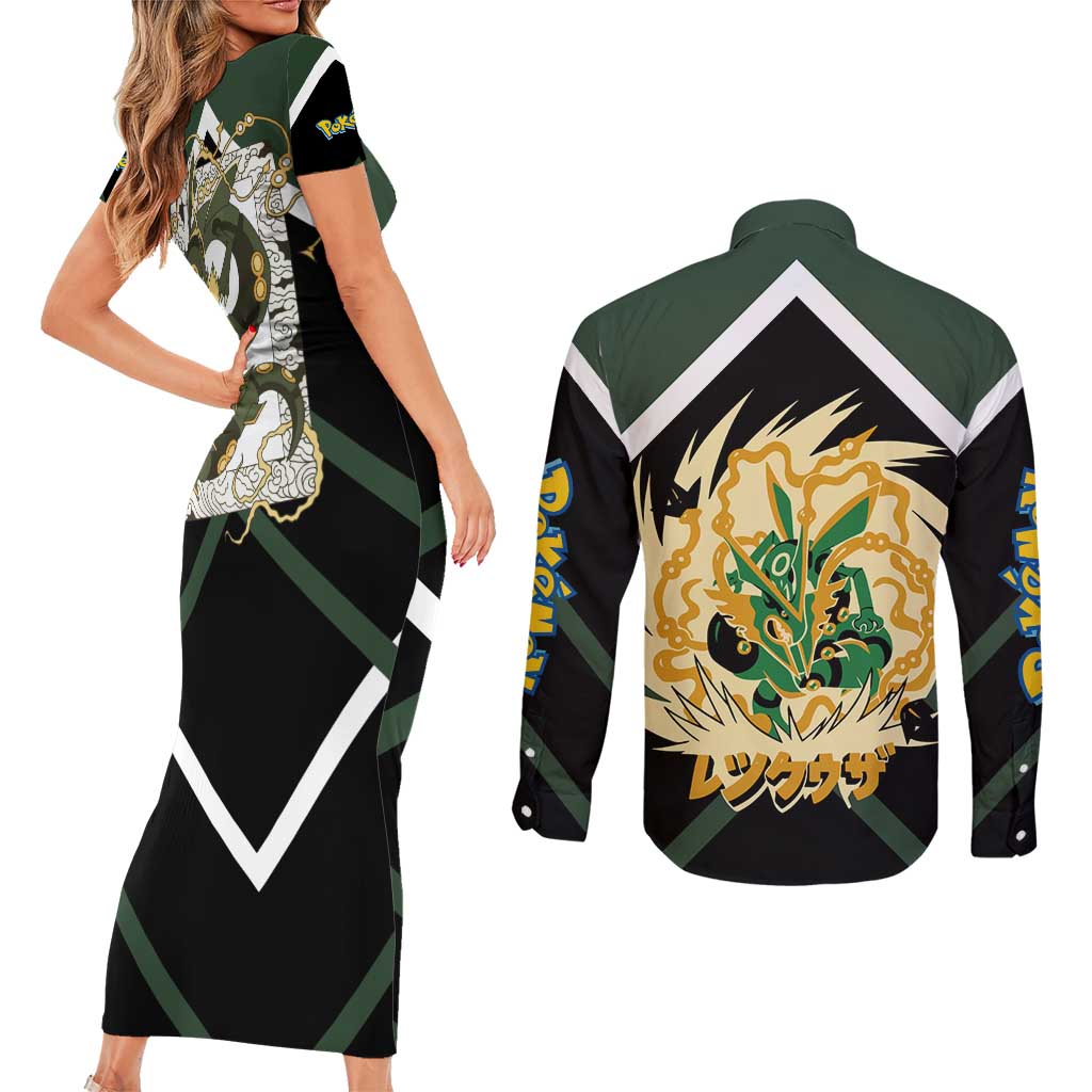 Rayquaza Couples Matching Short Sleeve Bodycon Dress and Long Sleeve Button Shirt with Legendary Dragon Design and Green Black Pokémon Theme - The Mazicc