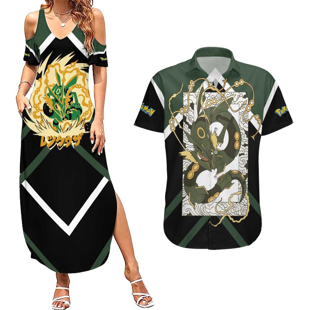 Rayquaza Couples Matching Summer Maxi Dress and Hawaiian Shirt with Legendary Dragon Design and Green Black Pokémon Theme - The Mazicc
