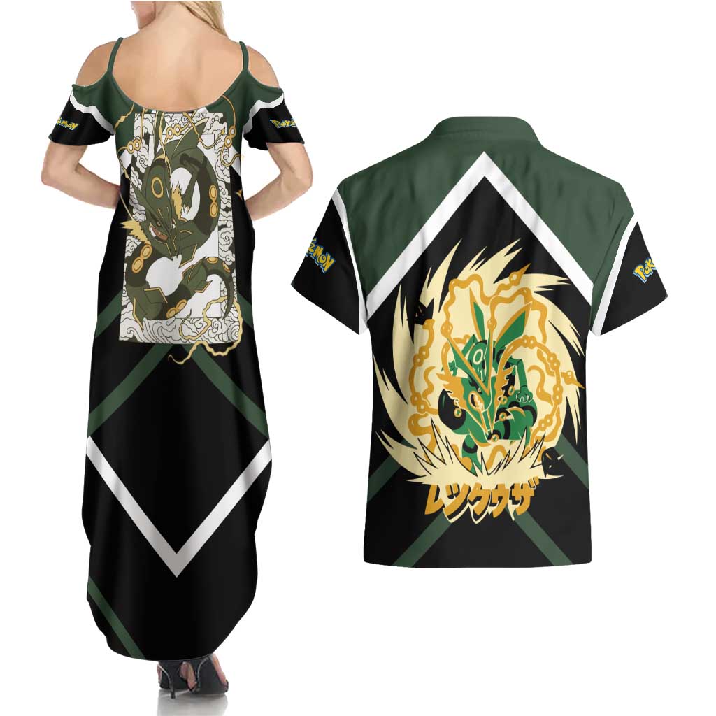 Rayquaza Couples Matching Summer Maxi Dress and Hawaiian Shirt with Legendary Dragon Design and Green Black Pokémon Theme - The Mazicc