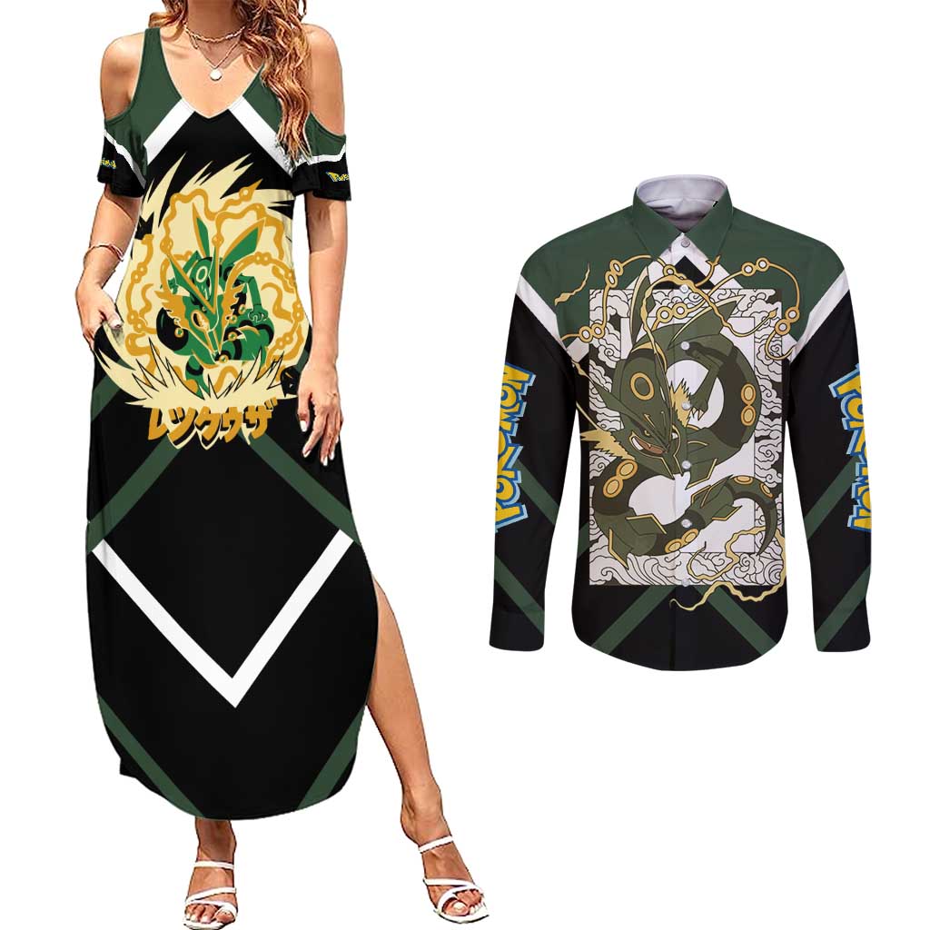 Rayquaza Couples Matching Summer Maxi Dress and Long Sleeve Button Shirt with Legendary Dragon Design and Green Black Pokémon Theme - The Mazicc