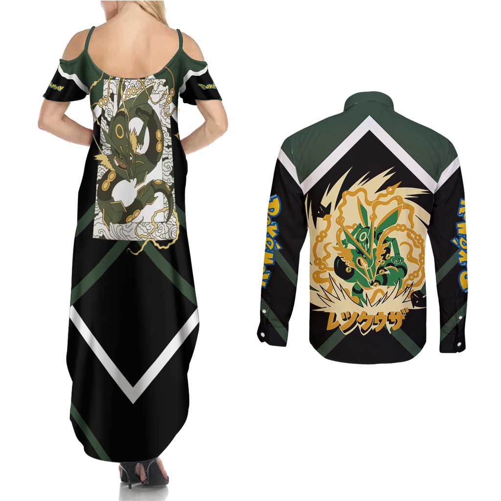 Rayquaza Couples Matching Summer Maxi Dress and Long Sleeve Button Shirt with Legendary Dragon Design and Green Black Pokémon Theme - The Mazicc