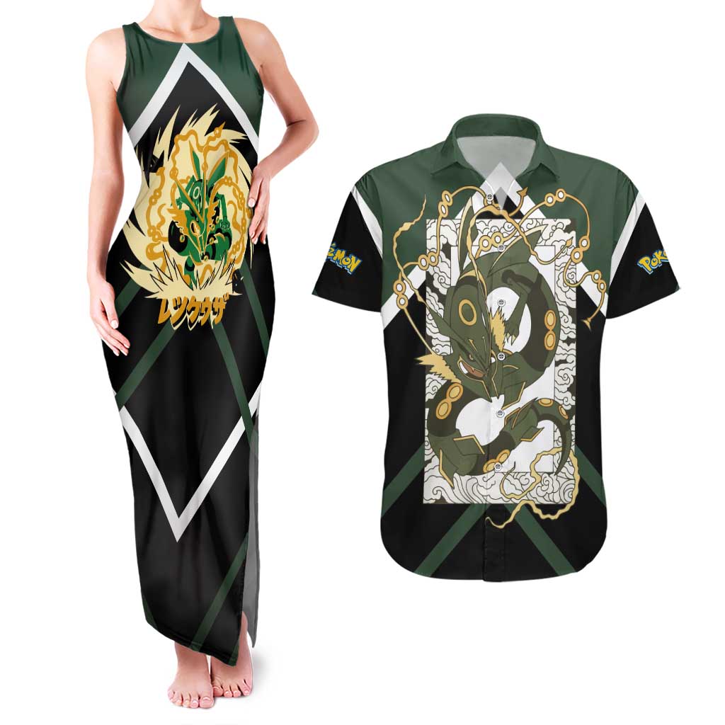 Rayquaza Couples Matching Tank Maxi Dress and Hawaiian Shirt with Legendary Dragon Design and Green Black Pokémon Theme - The Mazicc