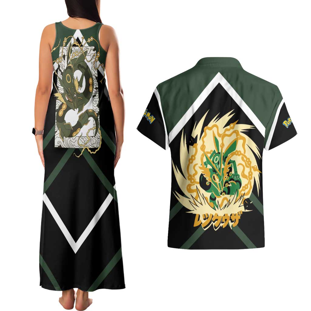 Rayquaza Couples Matching Tank Maxi Dress and Hawaiian Shirt with Legendary Dragon Design and Green Black Pokémon Theme - The Mazicc