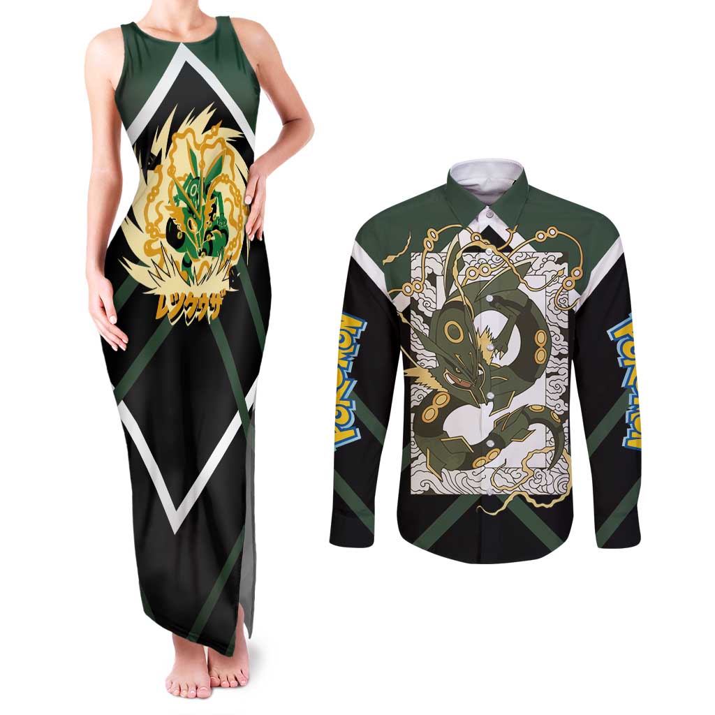 Rayquaza Couples Matching Tank Maxi Dress and Long Sleeve Button Shirt with Legendary Dragon Design and Green Black Pokémon Theme - The Mazicc