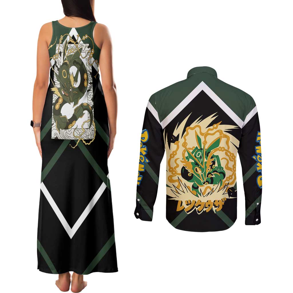 Rayquaza Couples Matching Tank Maxi Dress and Long Sleeve Button Shirt with Legendary Dragon Design and Green Black Pokémon Theme - The Mazicc