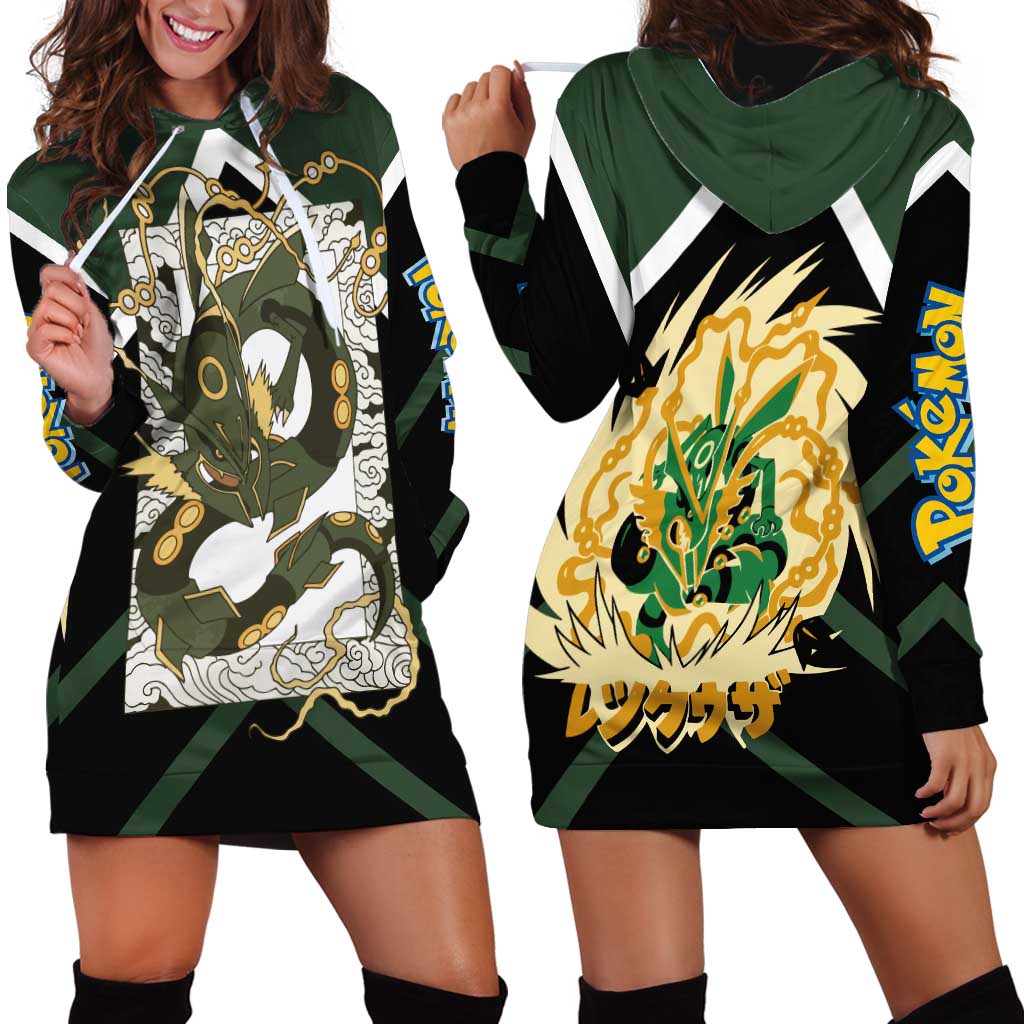 Rayquaza Hoodie Dress with Legendary Dragon Design and Green Black Pokémon Theme - The Mazicc