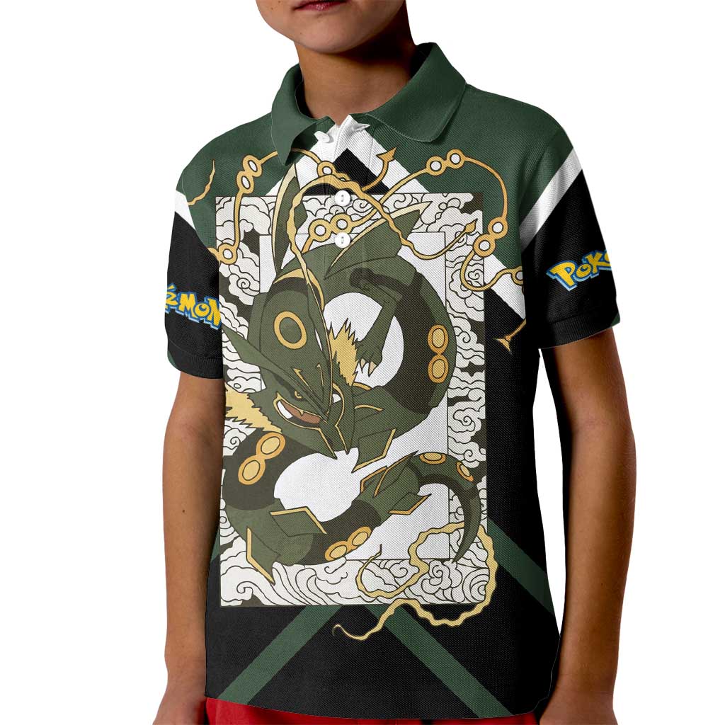 Rayquaza Kid Polo Shirt with Legendary Dragon Design and Green Black Pokémon Theme - The Mazicc