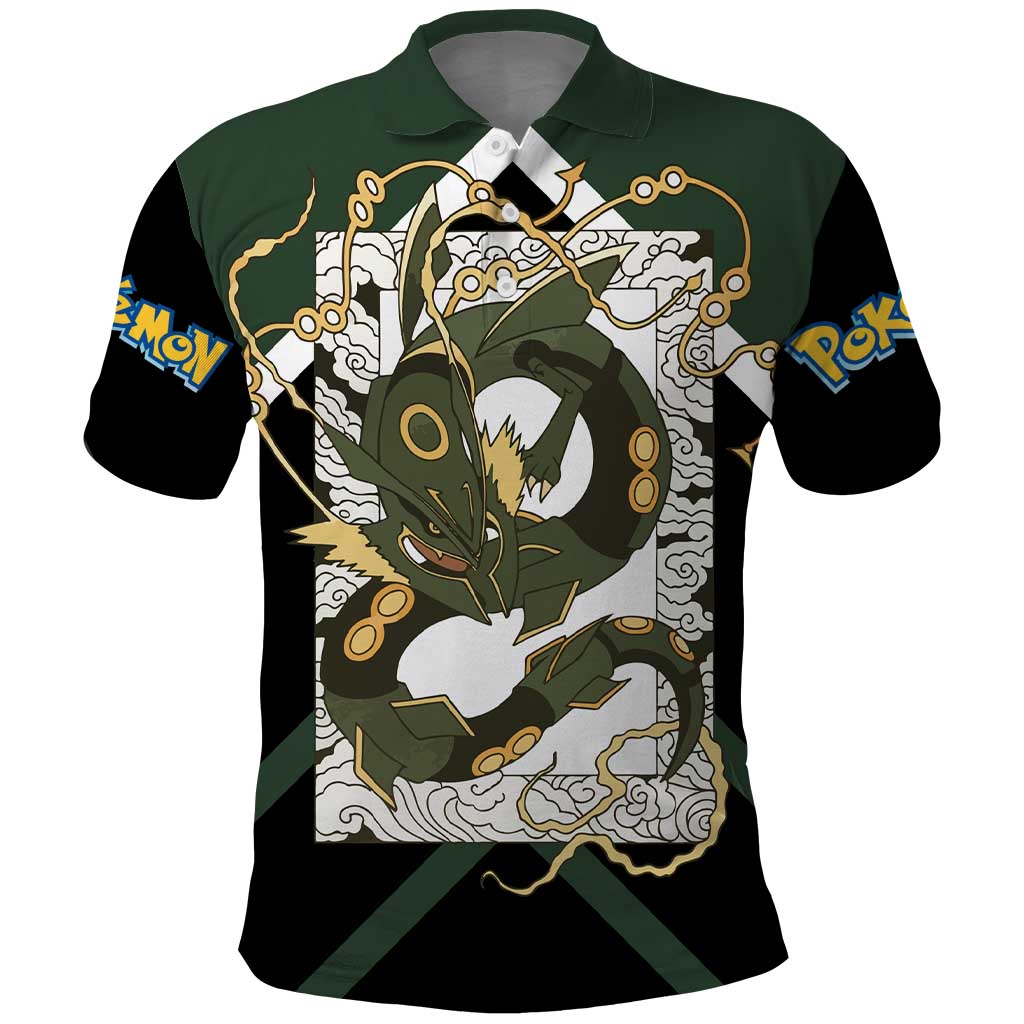 Rayquaza Polo Shirt with Legendary Dragon Design and Green Black Pokémon Theme - The Mazicc