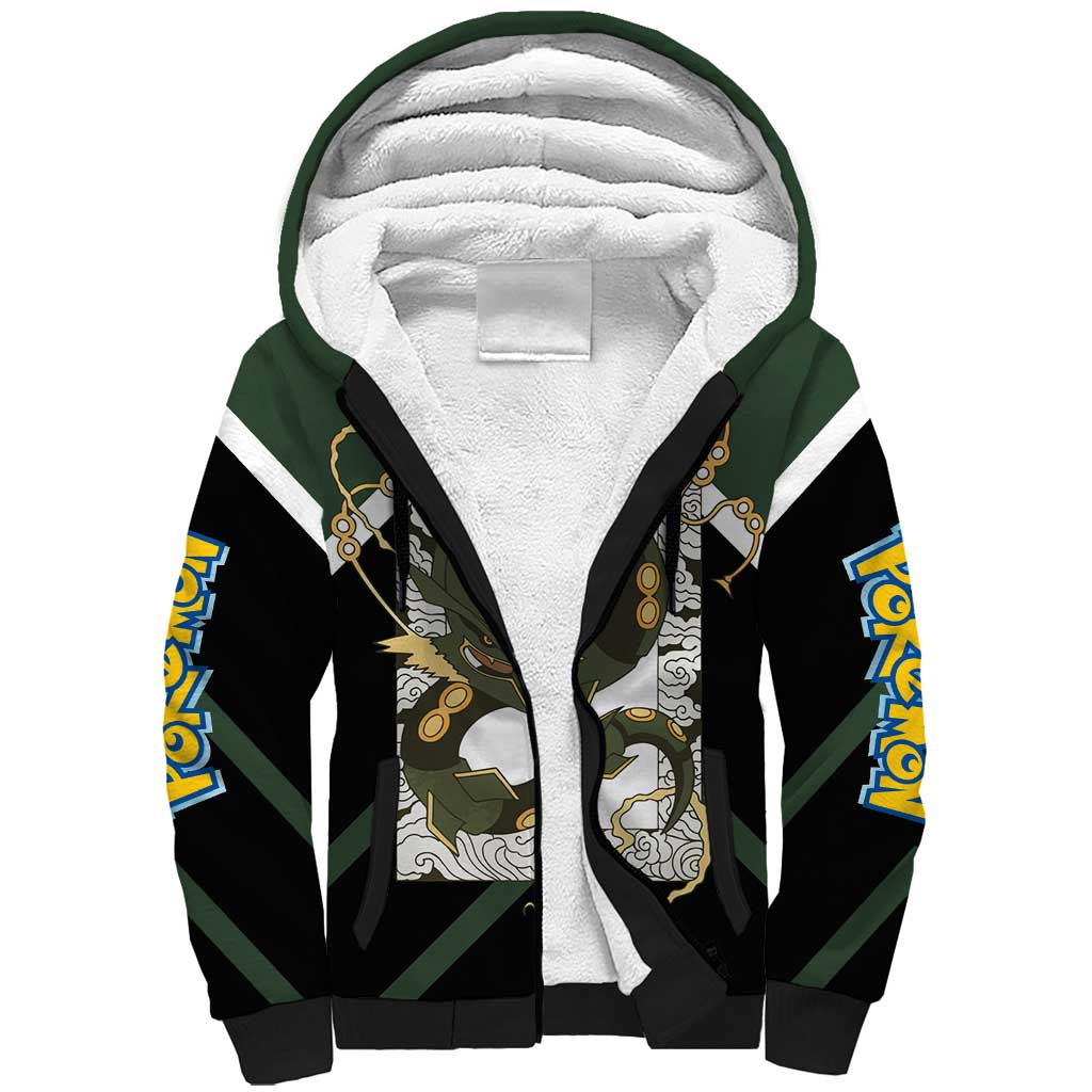 Rayquaza Sherpa Hoodie with Legendary Dragon Design and Green Black Pokémon Theme - The Mazicc