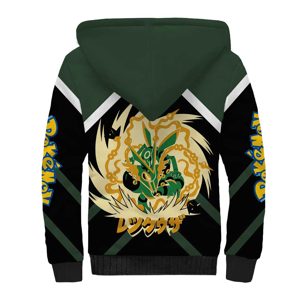 Rayquaza Sherpa Hoodie with Legendary Dragon Design and Green Black Pokémon Theme - The Mazicc
