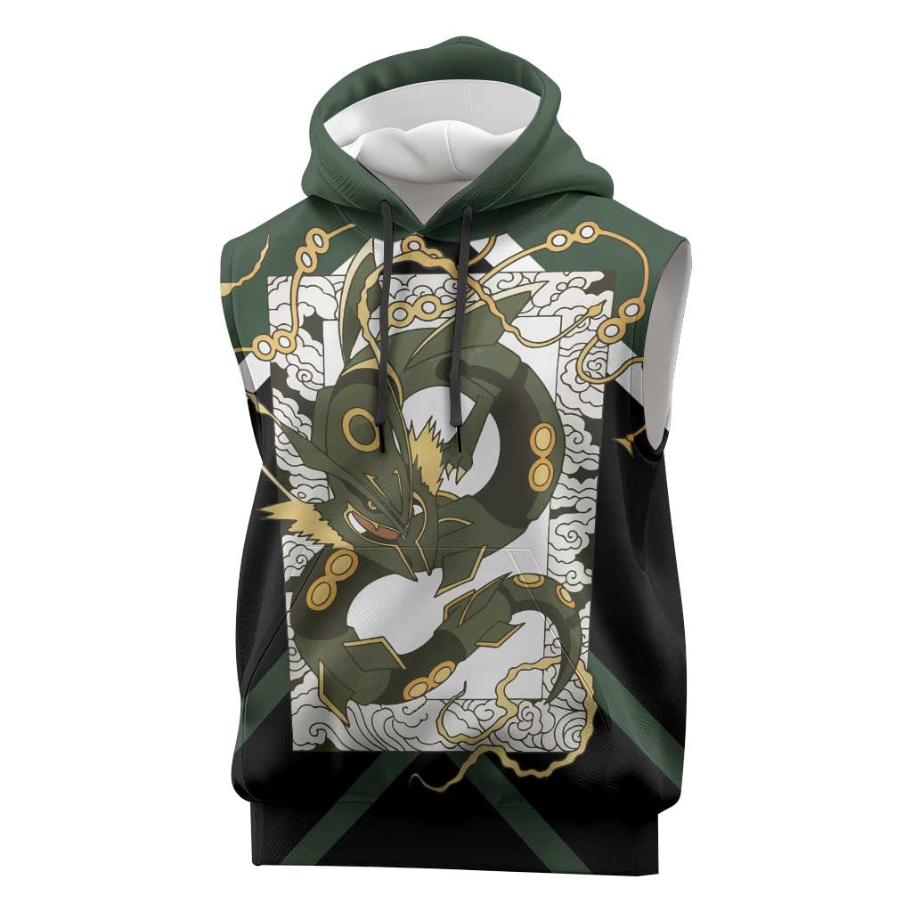 Rayquaza Sleeveless Hoodie with Legendary Dragon Design and Green Black Pokémon Theme - The Mazicc