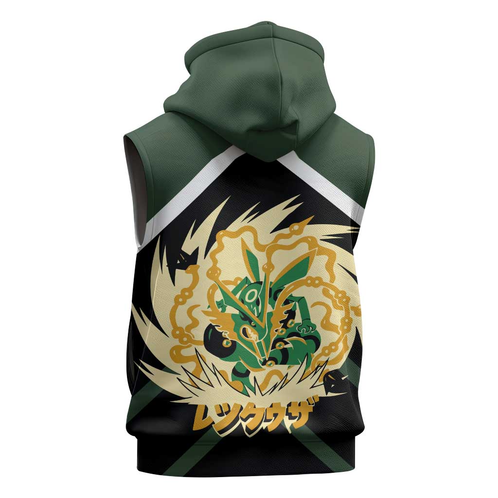 Rayquaza Sleeveless Hoodie with Legendary Dragon Design and Green Black Pokémon Theme - The Mazicc