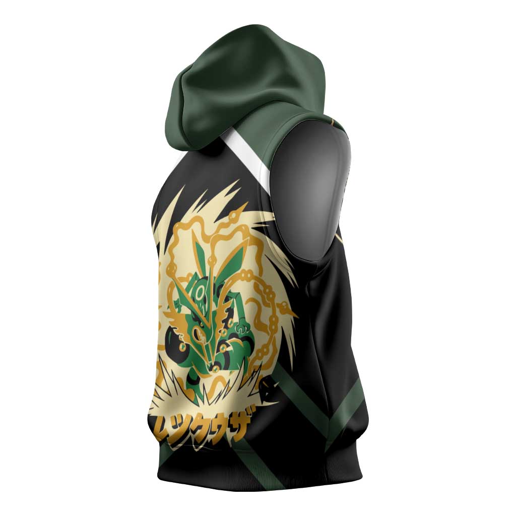 Rayquaza Sleeveless Hoodie with Legendary Dragon Design and Green Black Pokémon Theme - The Mazicc