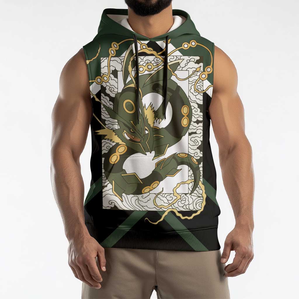 Rayquaza Sleeveless Hoodie with Legendary Dragon Design and Green Black Pokémon Theme - The Mazicc