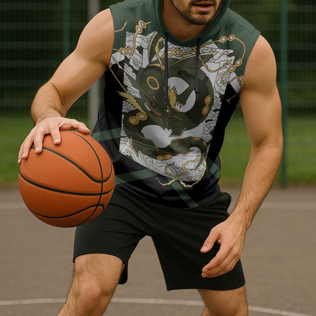 Rayquaza Sleeveless Hoodie with Legendary Dragon Design and Green Black Pokémon Theme - The Mazicc