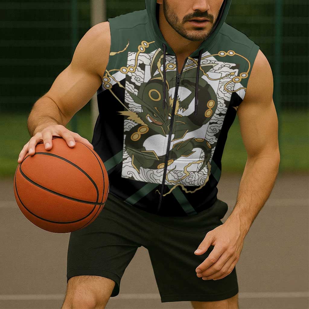 Rayquaza Sleeveless Zip Hoodie with Legendary Dragon Design and Green Black Pokémon Theme - The Mazicc