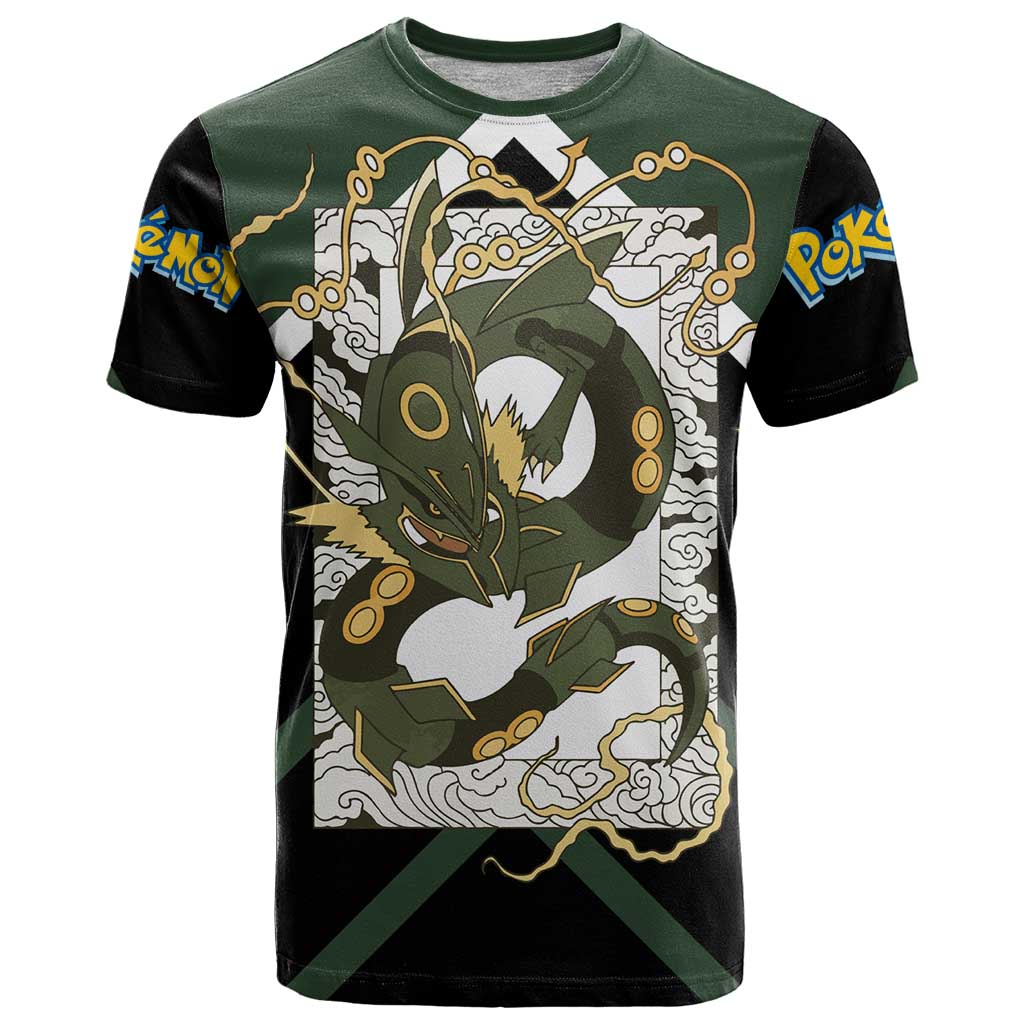 Rayquaza T Shirt with Legendary Dragon Design and Green Black Pokémon Theme - The Mazicc