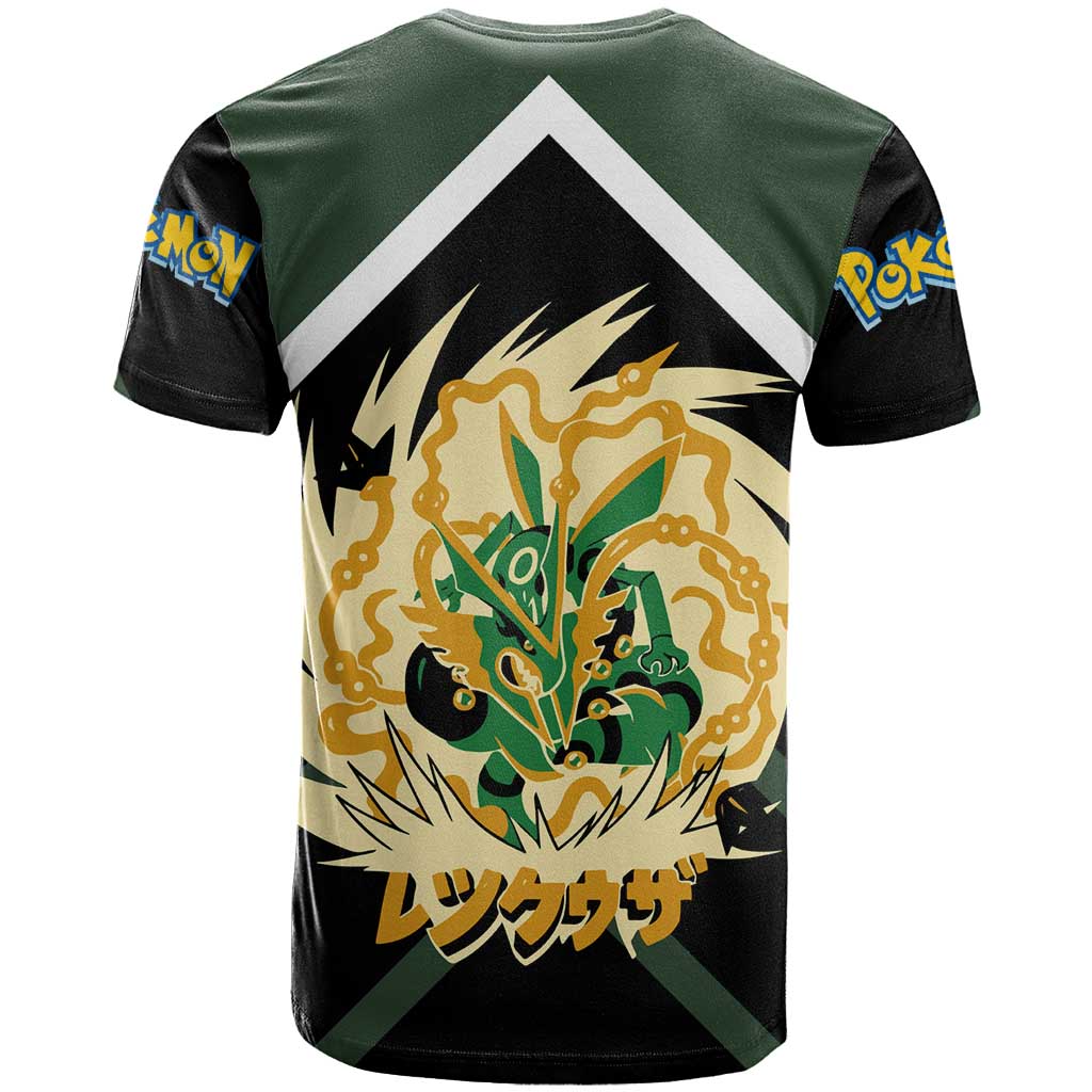 Rayquaza T Shirt with Legendary Dragon Design and Green Black Pokémon Theme - The Mazicc