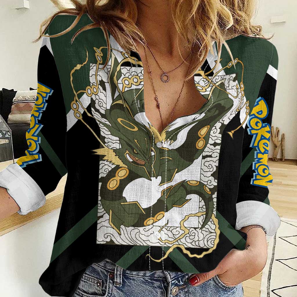 Rayquaza Women Casual Shirt with Legendary Dragon Design and Green Black Pokémon Theme - The Mazicc