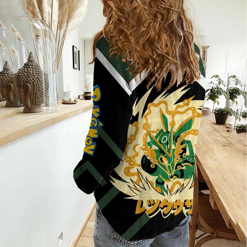 Rayquaza Women Casual Shirt with Legendary Dragon Design and Green Black Pokémon Theme - The Mazicc