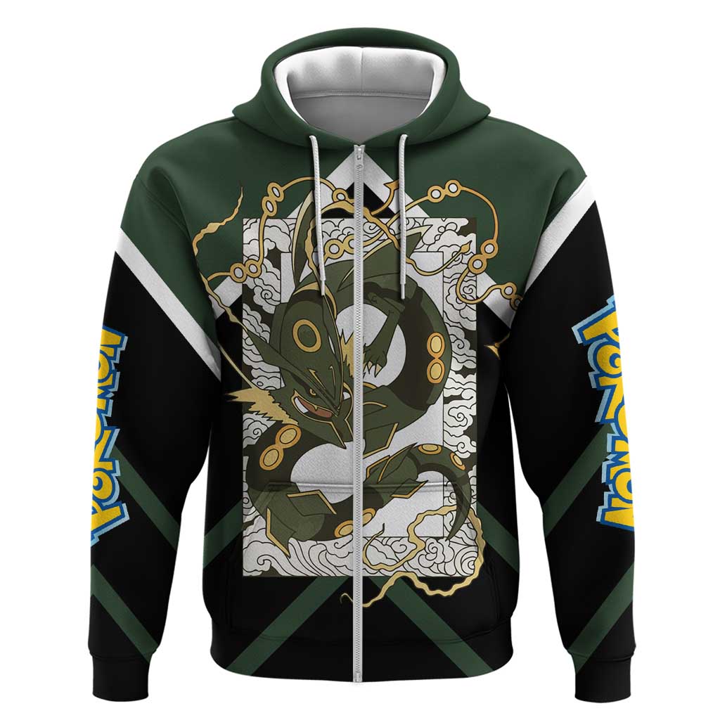 Rayquaza Zip Hoodie with Legendary Dragon Design and Green Black Pokémon Theme - The Mazicc