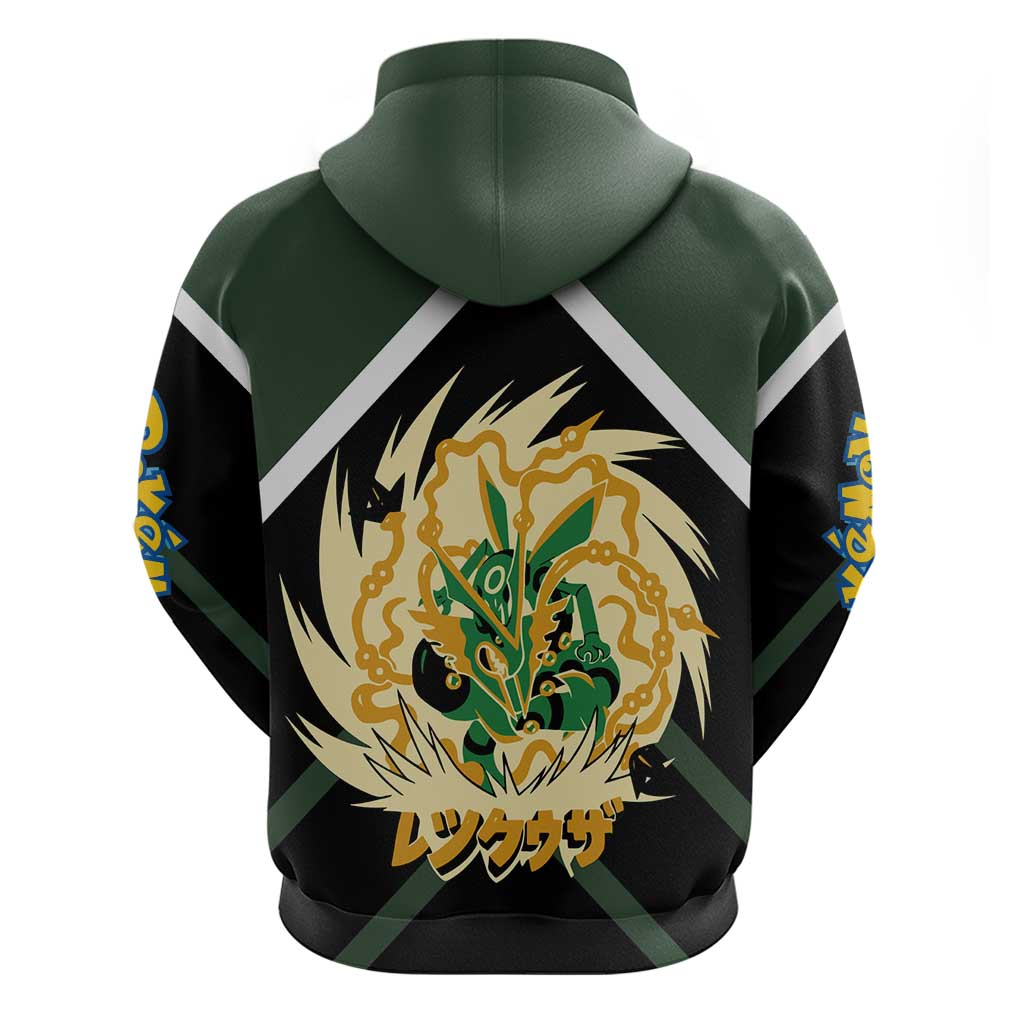 Rayquaza Zip Hoodie with Legendary Dragon Design and Green Black Pokémon Theme - The Mazicc