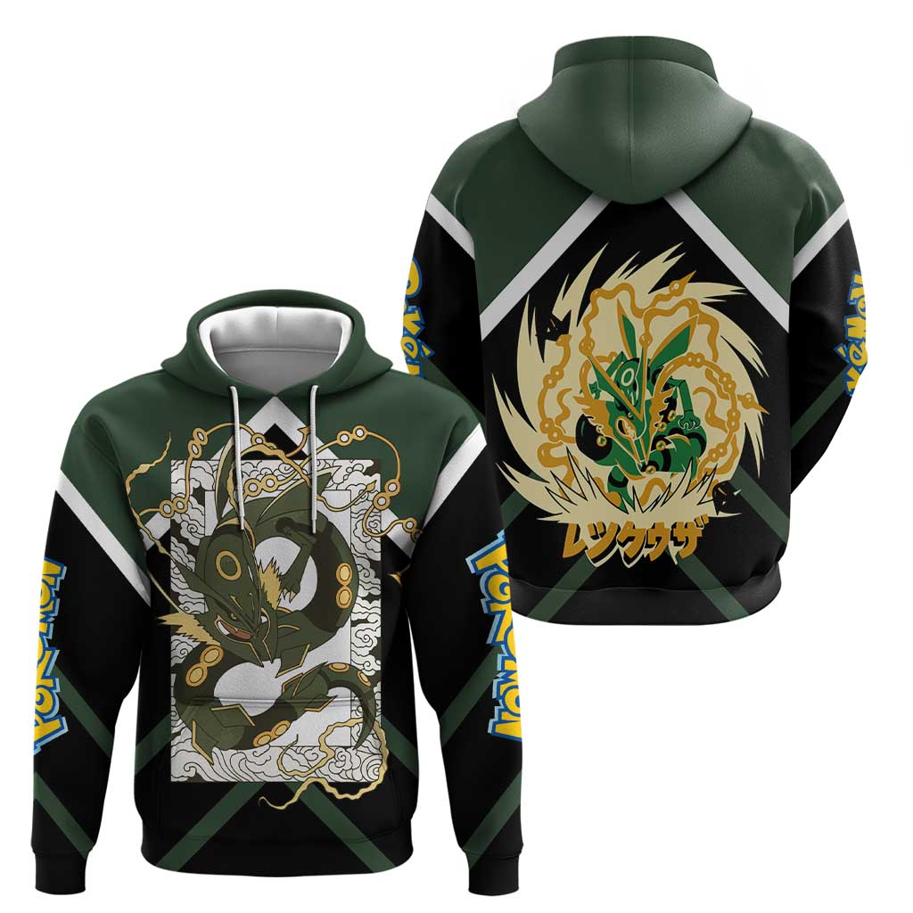 Rayquaza Zip Hoodie with Legendary Dragon Design and Green Black Pokémon Theme - The Mazicc