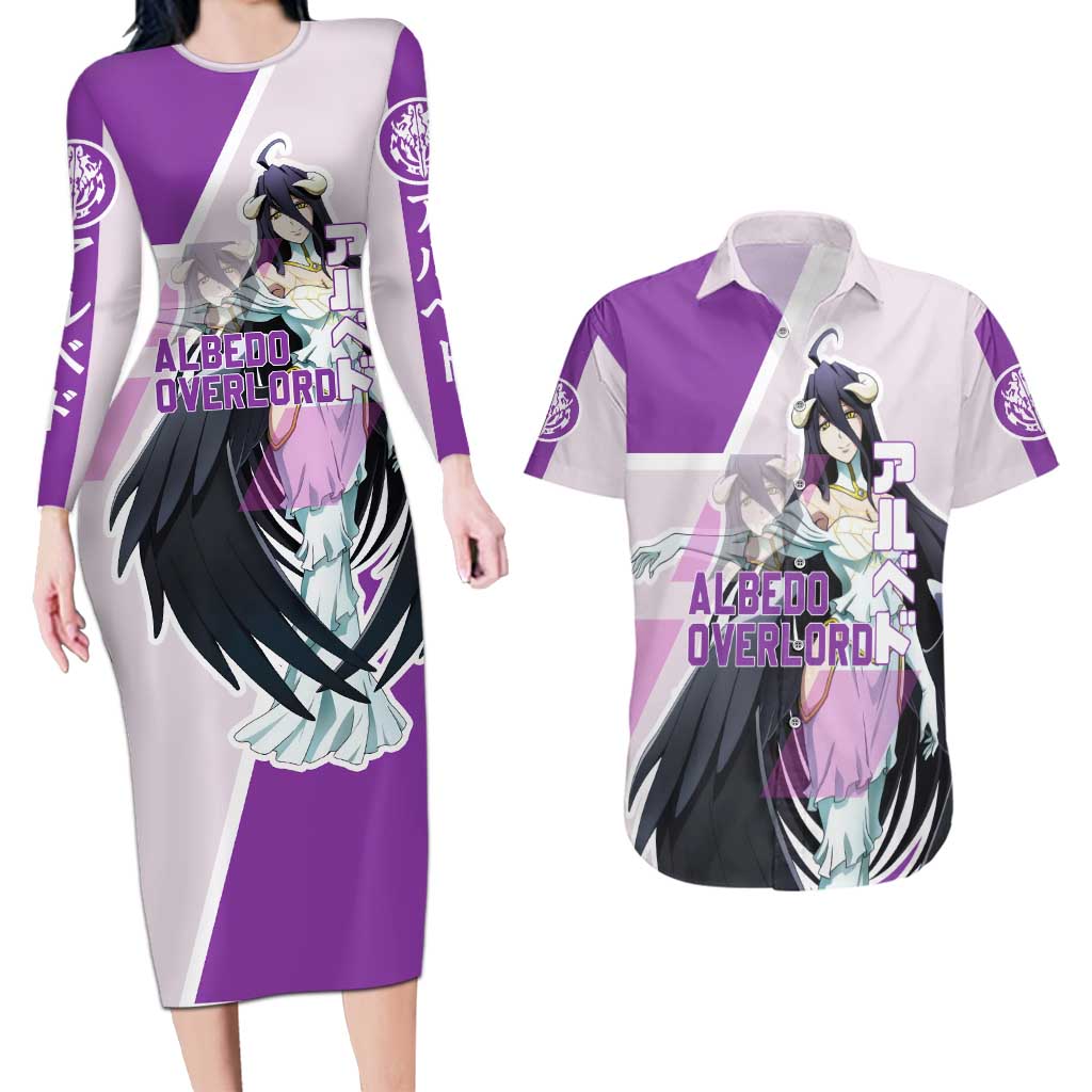 Albedo Overlord Couples Matching Long Sleeve Bodycon Dress and Hawaiian Shirt with Winged Demon Design and Purple Anime Aesthetic - The Mazicc