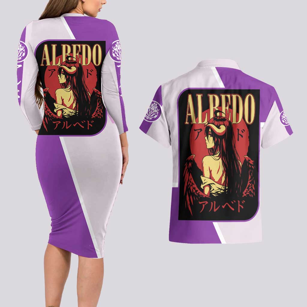 Albedo Overlord Couples Matching Long Sleeve Bodycon Dress and Hawaiian Shirt with Winged Demon Design and Purple Anime Aesthetic - The Mazicc