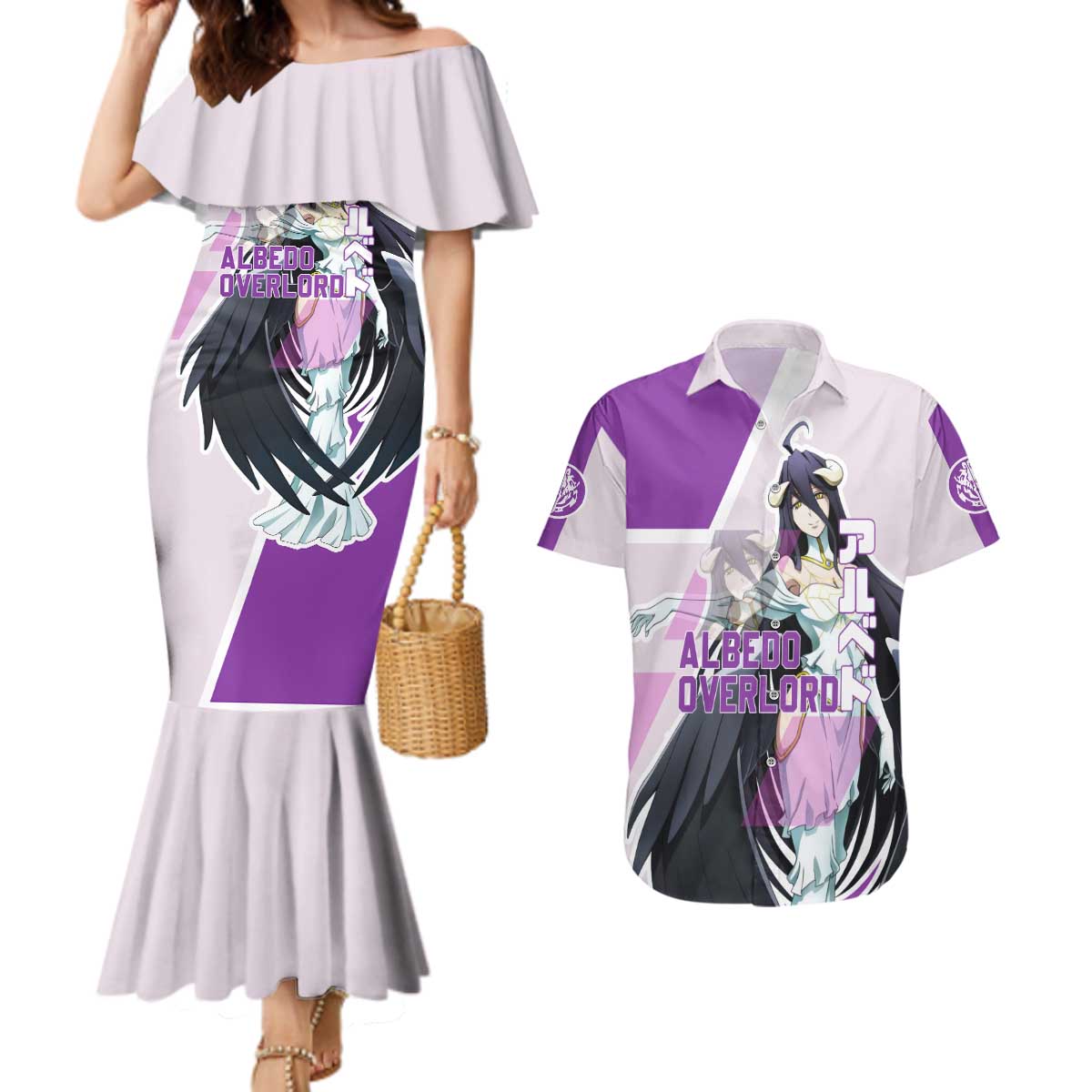Albedo Overlord Couples Matching Mermaid Dress and Hawaiian Shirt with Winged Demon Design and Purple Anime Aesthetic - The Mazicc