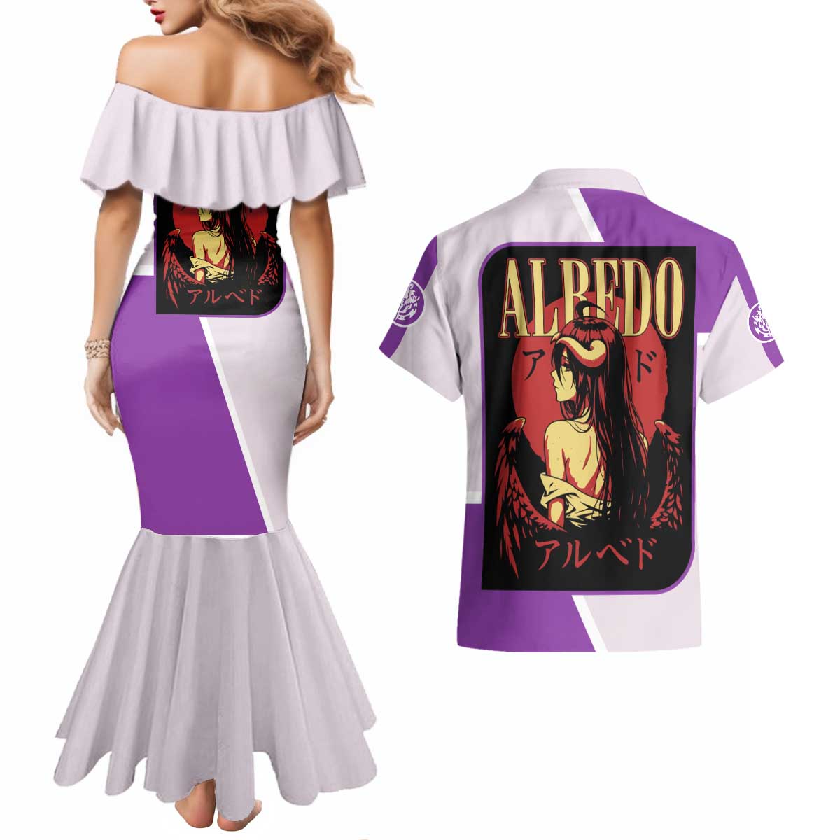 Albedo Overlord Couples Matching Mermaid Dress and Hawaiian Shirt with Winged Demon Design and Purple Anime Aesthetic - The Mazicc