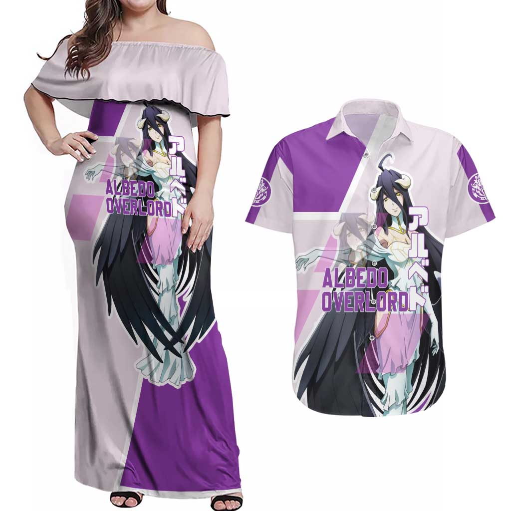 Albedo Overlord Couples Matching Off Shoulder Maxi Dress and Hawaiian Shirt with Winged Demon Design and Purple Anime Aesthetic - The Mazicc