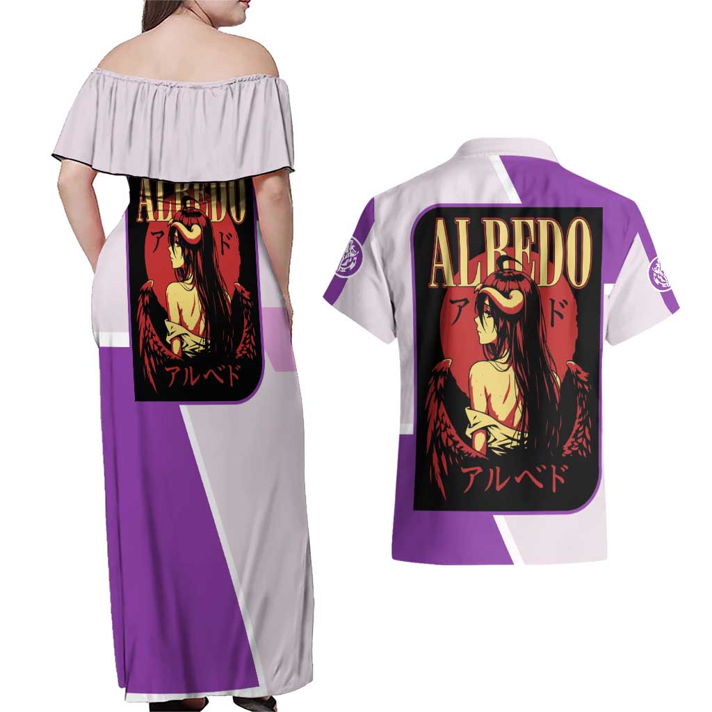 Albedo Overlord Couples Matching Off Shoulder Maxi Dress and Hawaiian Shirt with Winged Demon Design and Purple Anime Aesthetic - The Mazicc