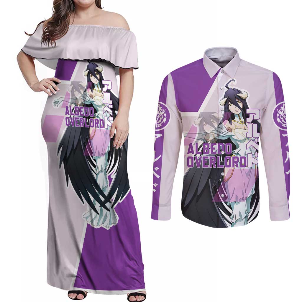 Albedo Overlord Couples Matching Off Shoulder Maxi Dress and Long Sleeve Button Shirt with Winged Demon Design and Purple Anime Aesthetic - The Mazicc
