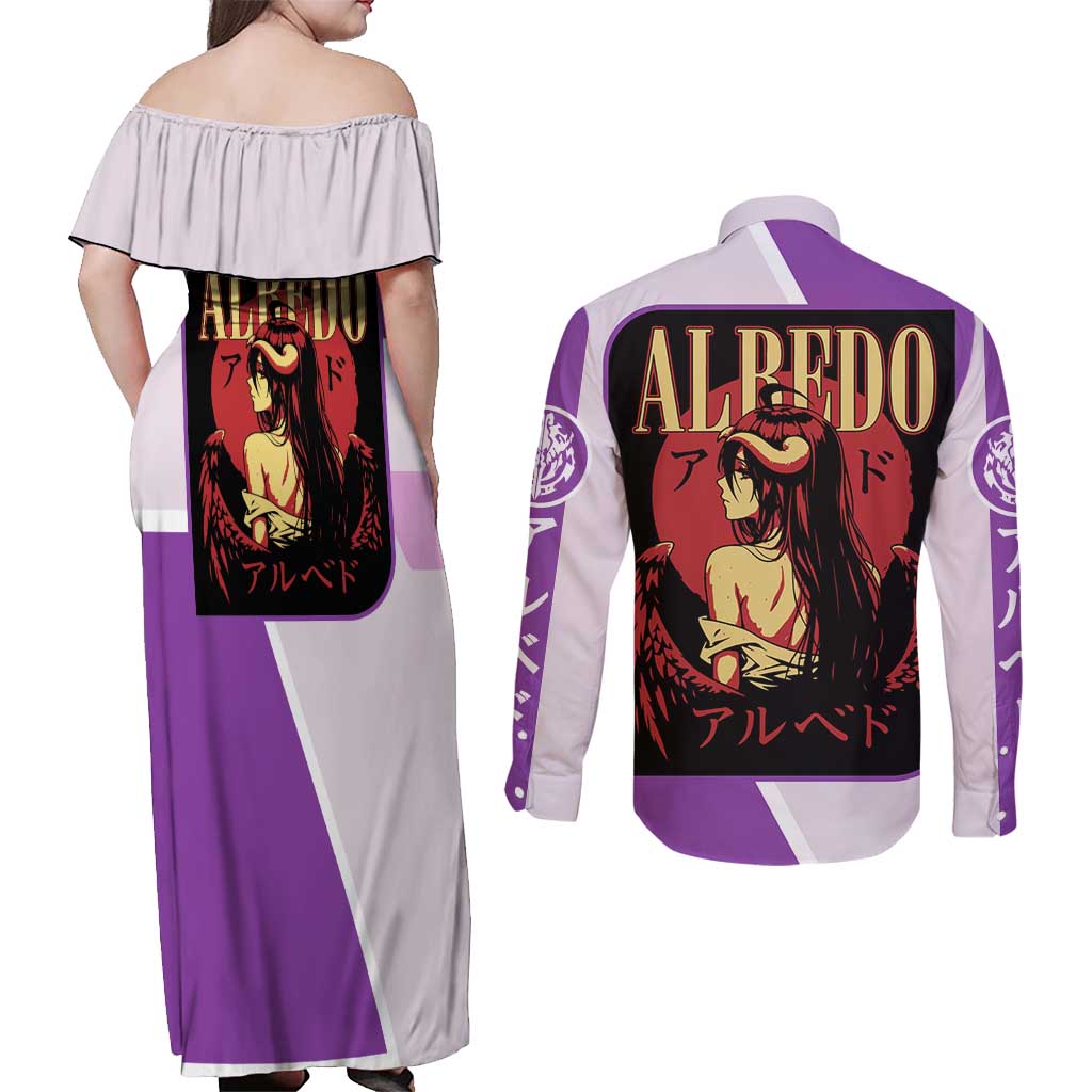 Albedo Overlord Couples Matching Off Shoulder Maxi Dress and Long Sleeve Button Shirt with Winged Demon Design and Purple Anime Aesthetic - The Mazicc