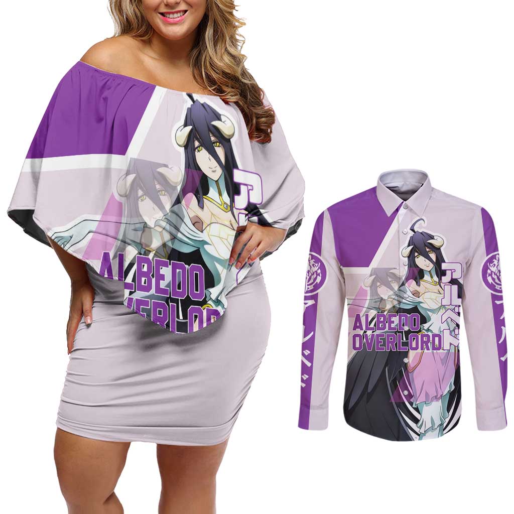Albedo Overlord Couples Matching Off Shoulder Short Dress and Long Sleeve Button Shirt with Winged Demon Design and Purple Anime Aesthetic - The Mazicc