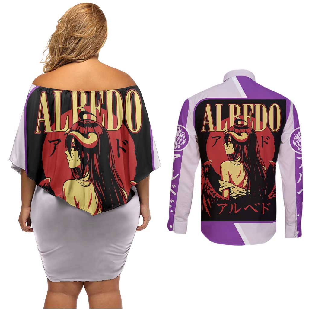 Albedo Overlord Couples Matching Off Shoulder Short Dress and Long Sleeve Button Shirt with Winged Demon Design and Purple Anime Aesthetic - The Mazicc