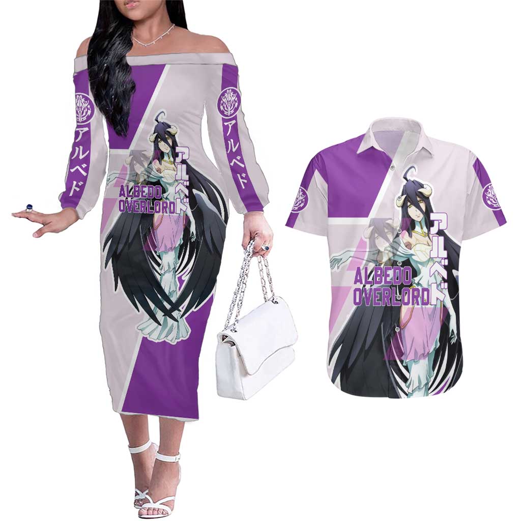 Albedo Overlord Couples Matching Off The Shoulder Long Sleeve Dress and Hawaiian Shirt with Winged Demon Design and Purple Anime Aesthetic - The Mazicc