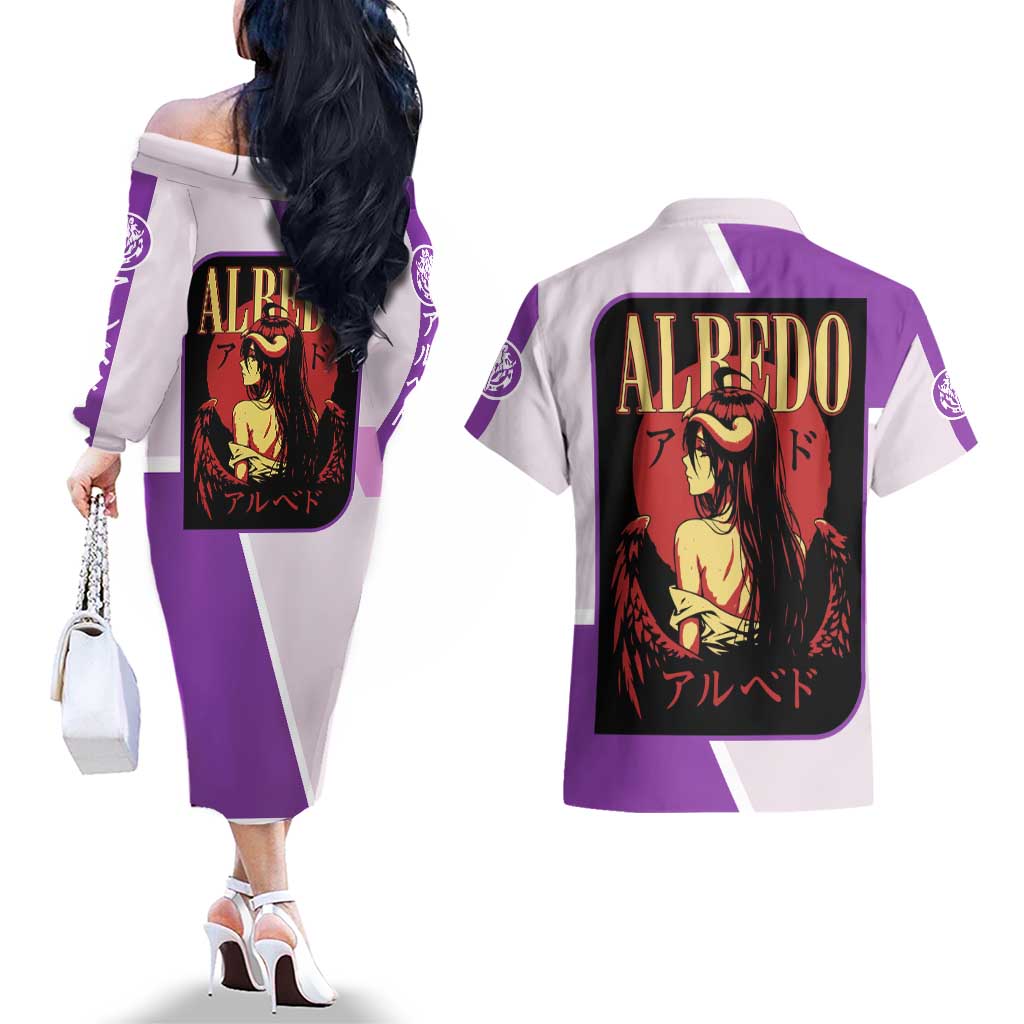 Albedo Overlord Couples Matching Off The Shoulder Long Sleeve Dress and Hawaiian Shirt with Winged Demon Design and Purple Anime Aesthetic - The Mazicc