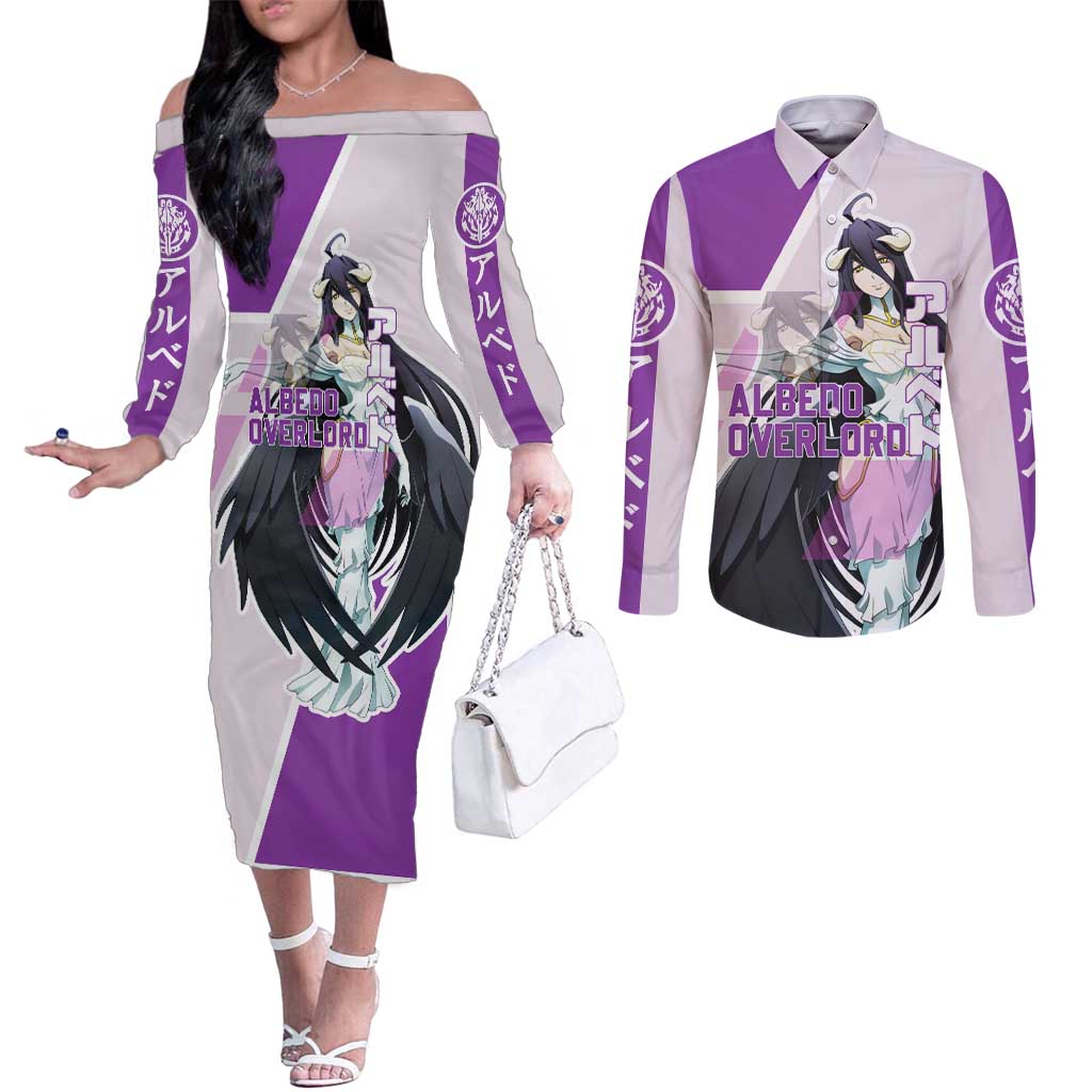 Albedo Overlord Couples Matching Off The Shoulder Long Sleeve Dress and Long Sleeve Button Shirt with Winged Demon Design and Purple Anime Aesthetic - The Mazicc