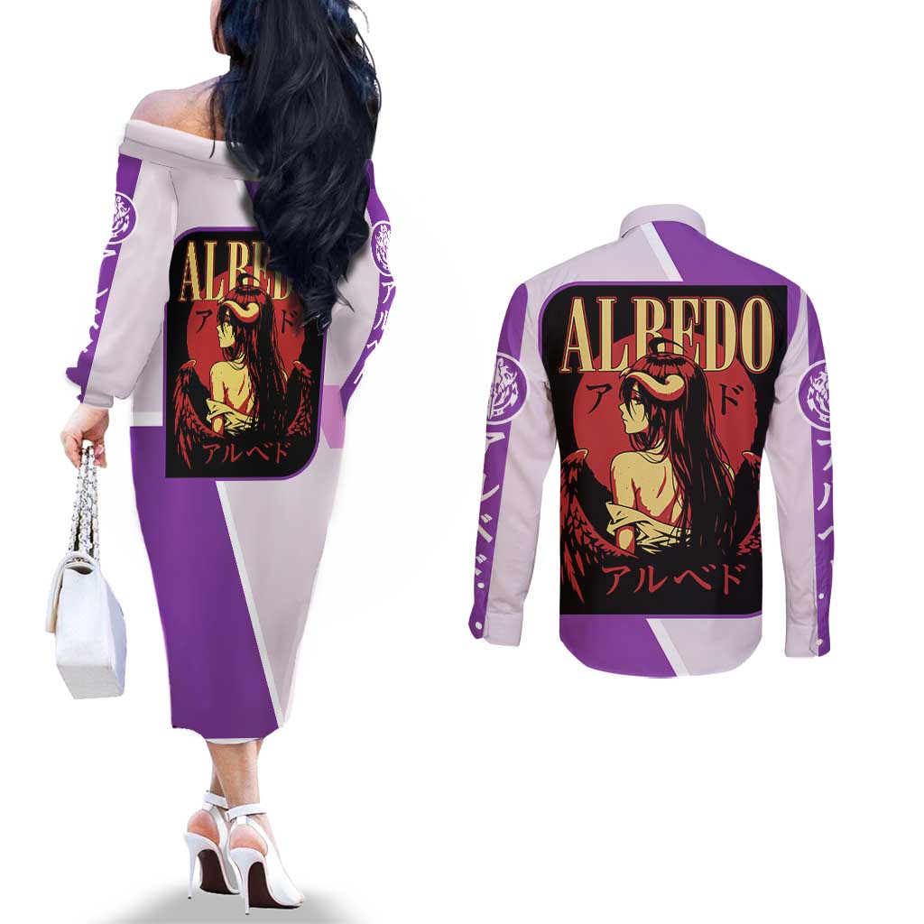 Albedo Overlord Couples Matching Off The Shoulder Long Sleeve Dress and Long Sleeve Button Shirt with Winged Demon Design and Purple Anime Aesthetic - The Mazicc