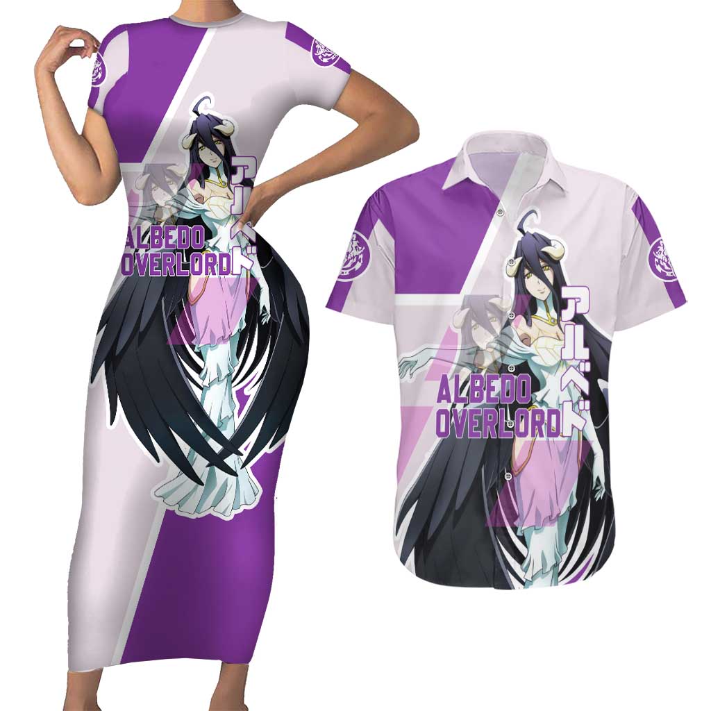 Albedo Overlord Couples Matching Short Sleeve Bodycon Dress and Hawaiian Shirt with Winged Demon Design and Purple Anime Aesthetic - The Mazicc