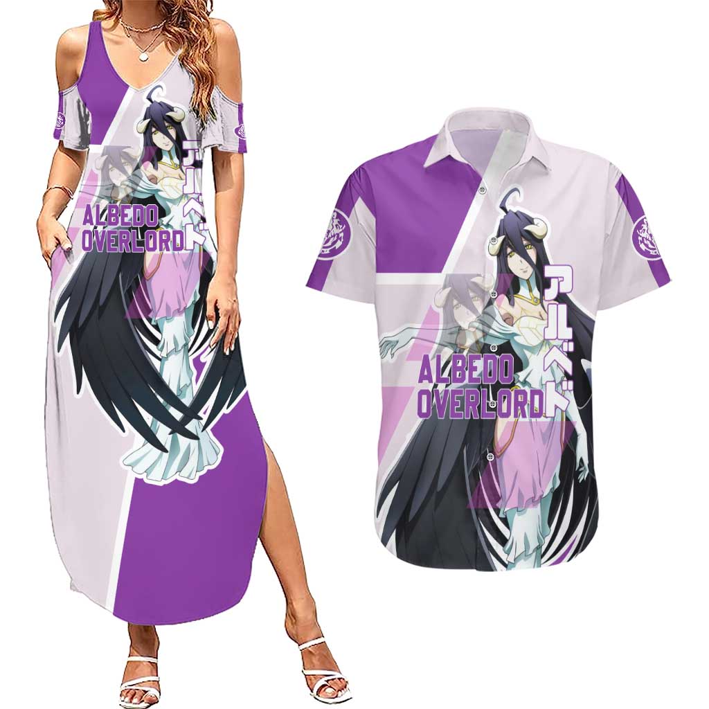 Albedo Overlord Couples Matching Summer Maxi Dress and Hawaiian Shirt with Winged Demon Design and Purple Anime Aesthetic - The Mazicc